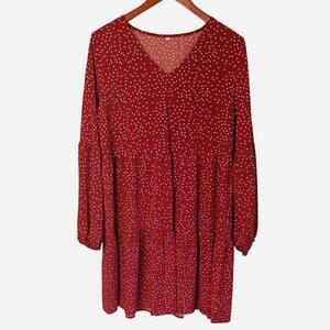 Tunic Dress V Neck Casual Loose Flowy Swing Shift Dress - Red polka dot size L